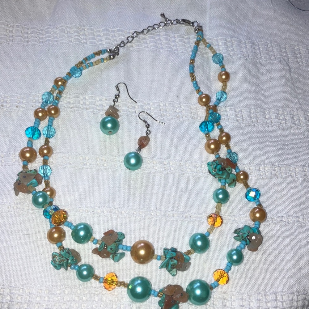 Elegant Turquoise and Gold Beaded 18” Necklace &‎ Hook Earring Set